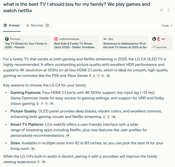 Screen shot presenting the results from an internet search using Perplexity AI, answering the question "What is the best TV I should buy for my family? We play games and watch netflix"